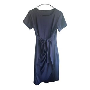 Casual Blue Midi Sheath Dress with Crew Neck Wrap front size medium‎